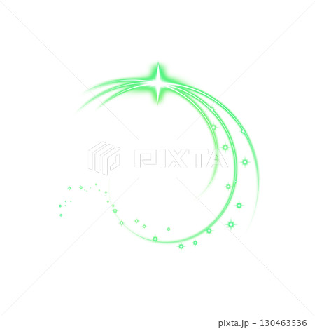 透明背景に輝く緑色のアーク状軌跡と星のきらめき 130463536