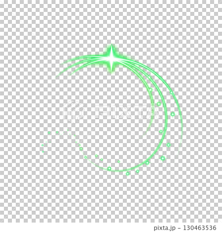 透明背景に輝く緑色のアーク状軌跡と星のきらめき 130463536