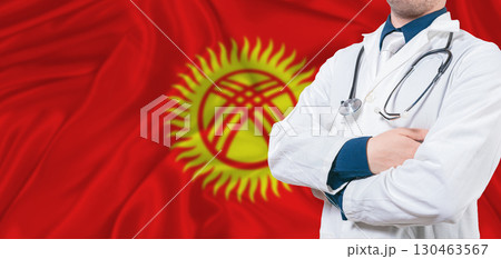 Kyrgyzstan healthcare concept. Male doctor on Kyrgyzstan flag. Doctor with crossed arms on Kyrgyzstan flag 130463567