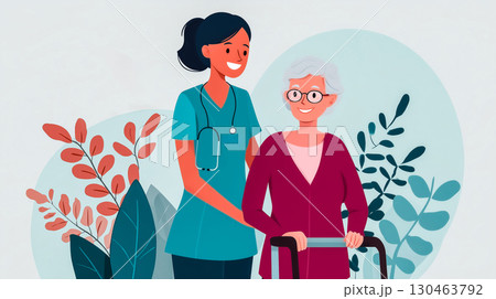 高齢者ケアと安心感を表現した医療イラスト 130463792