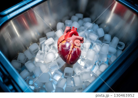 Human heart preserved in block of clear ice, organ transplantation concept with cold vapor and clinical lighting 130463952
