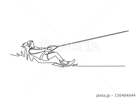 Continuous one line drawing female wakeboarding in low, dynamic stance on the water, being towed by boat. Athletic skill, balance, thrilling motion. Single line draw design vector graphic illustration Continuous one line drawing female wakeboarding in low, dynamic stance on the water, being towed by boat. Athletic skill, balance, thrilling motion. Single line draw design vector graphic illustration 130464044