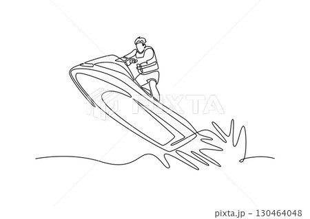 Continuous one line drawing attractive male athlete jumping a wave on a jet ski, symbolizing speed, freedom, and thrill of an extreme water sport. Single line draw design vector graphic illustration Continuous one line drawing attractive male athlete jumping a wave on a jet ski, symbolizing speed, freedom, and thrill of an extreme water sport. Single line draw design vector graphic illustration 130464048