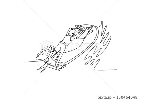 Continuous one line drawing attractive male athlete leaning into a turn on a jet ski, symbolizing speed, freedom, and the thrill of a water sport. Single line draw design vector graphic illustration 130464049