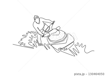 Continuous one line drawing young sportsman riding into turn on a jet ski. Representing excitement, leisure, and adventure of the aquatic lifestyle. Single line draw design vector graphic illustration Continuous one line drawing young sportsman riding into turn on a jet ski. Representing excitement, leisure, and adventure of the aquatic lifestyle. Single line draw design vector graphic illustration 130464050