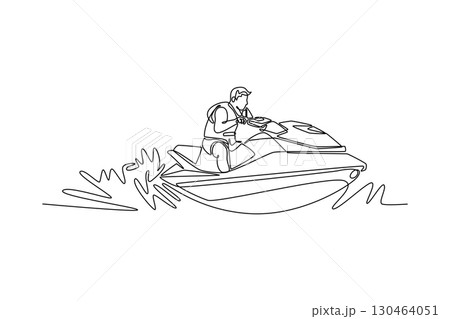 Single continuous line drawing aggressive sportsman riding a jet ski on the water, symbolizing speed, freedom, and the thrill of a water sport. Dynamic one line draw graphic design vector illustration 130464051