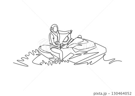 Single continuous line drawing woman riding jet ski or personal watercraft. Representing excitement, leisure, and adventure of the aquatic lifestyle. One line draw graphic design vector illustration 130464052