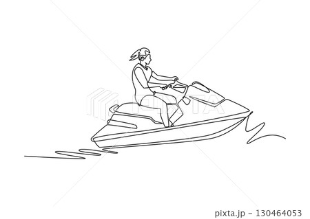 Single one line drawing young female athlete riding a jet ski on the water. Symbolizing speed, freedom, and the thrill of a water sport. Modern continuous line draw design graphic vector illustration Single one line drawing young female athlete riding a jet ski on the water. Symbolizing speed, freedom, and the thrill of a water sport. Modern continuous line draw design graphic vector illustration 130464053