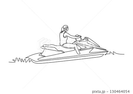 Single continuous line drawing back view of female athlete riding a jet ski on the water, symbolizing speed, freedom, and the thrill of a water sport. One line draw graphic design vector illustration 130464054