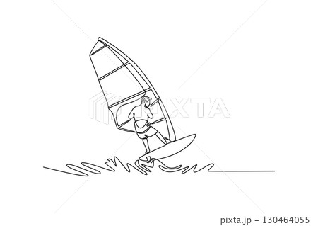 Single continuous line drawing back view of sportsman windsurfing on a large wave. Athletic skill, balance, control, energetic power of wind and ocean. One line draw graphic design vector illustration Single continuous line drawing back view of sportsman windsurfing on a large wave. Athletic skill, balance, control, energetic power of wind and ocean. One line draw graphic design vector illustration 130464055