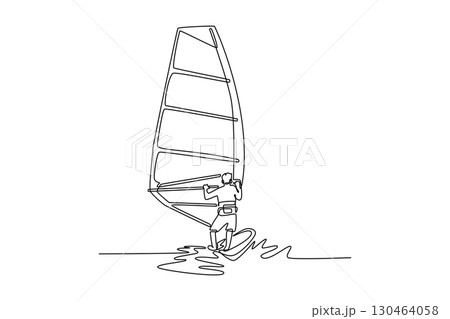 Single continuous line drawing back view of male athlete windsurfing on a wave. Athletic skill, freedom, and the energetic power of the wind and ocean. One line draw graphic design vector illustration 130464058