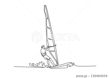 Single continuous line drawing attractive male athlete windsurfing on a wave. Athletic skill, freedom, and the energetic power of the wind and ocean. One line draw graphic design vector illustration 130464059