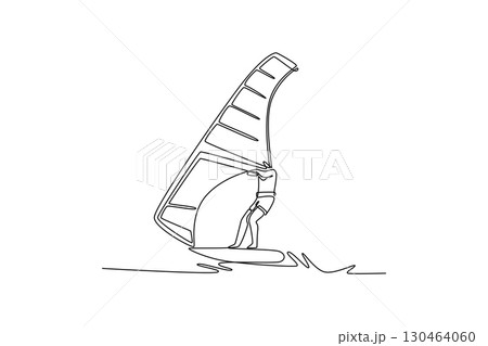 Single continuous line drawing energic male athlete windsurfing on small wave. Athletic skill, freedom, and the energetic power of the wind and ocean. One line draw graphic design vector illustration 130464060