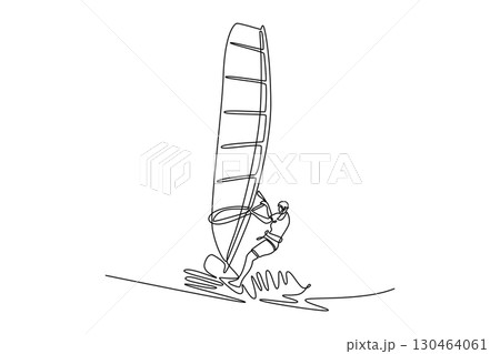 Single one line drawing back view of female athlete windsurfing on a wave. Athletic skill, freedom, and energetic power of the wind and ocean. Continuous line draw design graphic vector illustration 130464061