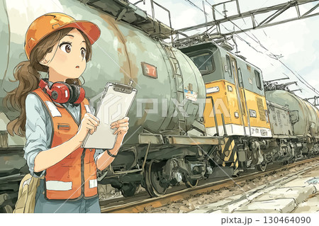 貨物列車の横で女性鉄道スタッフが点検しているシーン 130464090