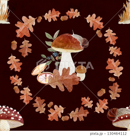 Porcini mushroom, fly agaric, snail, compass, oak leaves, berries in autumn wreath on textured paper. Watercolor seamless pattern. Woodland design perfect for seasonal fabric, packaging, nature Porcini mushroom, fly agaric, snail, compass, oak leaves, berries in autumn wreath on textured paper. Watercolor seamless pattern. Woodland design perfect for seasonal fabric, packaging, nature 130464112