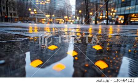 Dramatic reflections of city lights on wet pavement after heavy showers create vibrant urban scene. glistening surface enhances atmosphere of bustling city 130464123