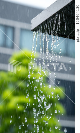 Water cascading from building edge during heavy rain creates beautiful waterfall effect, surrounded by lush greenery. scene captures refreshing essence of nature Water cascading from building edge during heavy rain creates beautiful waterfall effect, surrounded by lush greenery. scene captures refreshing essence of nature 130464130