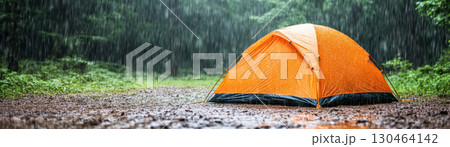 vibrant orange tent stands resilient in heavy rain, surrounded by lush greenery. downpour creates serene yet powerful atmosphere, showcasing nature beauty 130464142