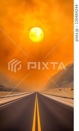 vast highway stretches towards horizon under vibrant orange sky, with large sun casting warm glow. scene evokes sense of adventure and tranquility vast highway stretches towards horizon under vibrant orange sky, with large sun casting warm glow. scene evokes sense of adventure and tranquility 130464244