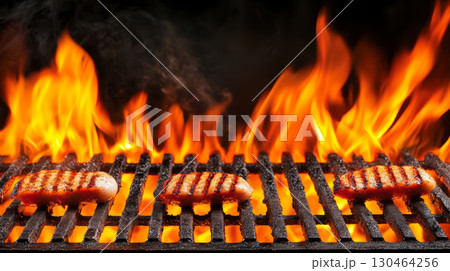 Grilling sausages over open flame creates vibrant scene filled with heat and excitement. flames dance around sausages, enhancing cooking process 130464256