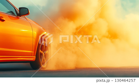 vibrant orange car kicking up dust on sunny road, creating dramatic scene with heat waves rising. image captures essence of speed and adventure 130464257