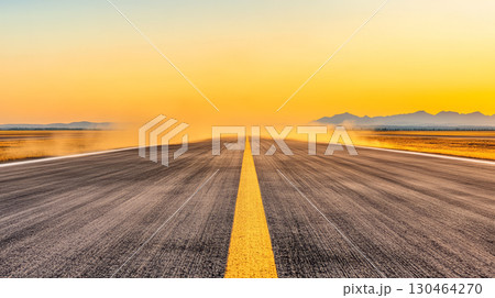 stunning view of long, empty road at sunset, with heatwaves rising from hot tarmac. horizon features distant mountains under vibrant orange sky, creating serene yet chaotic atmosphere 130464270