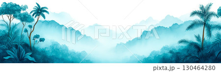 serene landscape featuring lush tropical foliage and misty mountains, creating tranquil atmosphere. vibrant shades of blue evoke sense of calm and wonder in this rainforest scene 130464280