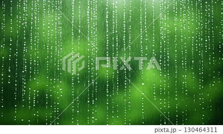 Rain droplets streaming down glass surface create serene atmosphere, with lush green background blurred behind water. scene evokes sense of calm and tranquility 130464311