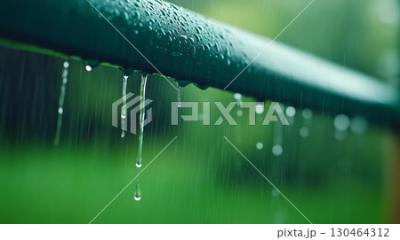 Droplets of rain cascade down green railing, creating serene atmosphere. blurred green background enhances feeling of tranquility and nature beauty 130464312