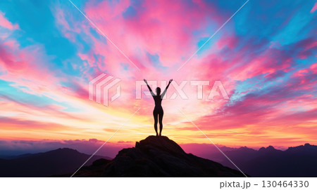 silhouette of person in yoga pose at sunset, surrounded by vibrant colors and mountains 130464330