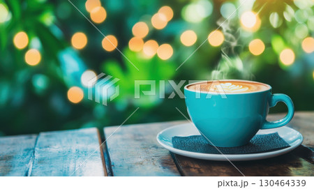 steaming cup of coffee wooden table, surrounded by lush green background and soft bokeh lights 130464339