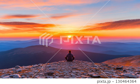 serene adventurer meditating at sunrise on mountain peak, surrounded by stunning landscapes 130464364