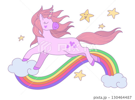 Cute unicorn running on clouds with rainbow and star in the sky. symbolizing dreams, imagination, fantasy, Vector design illustration. 130464487