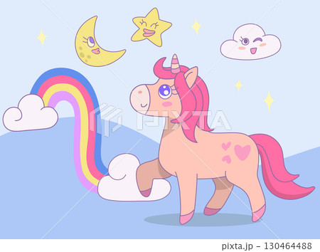 Cute unicorn walking on clouds with rainbow and moon, star in the sky. Dreams, imagination, fantasy. Vector design illustration. 130464488
