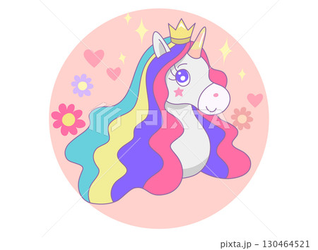 Head of cute  princess unicorn with flower, heart on pink circle and white background. Vector design illustration. 130464521