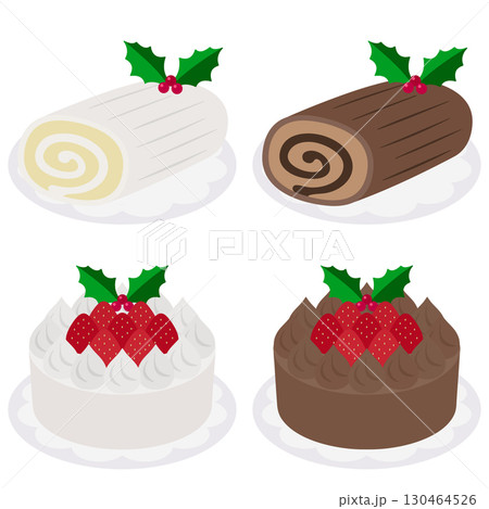 4種のクリスマスケーキ 2色のショートケーキとブッシュドノエルのセット 130464526