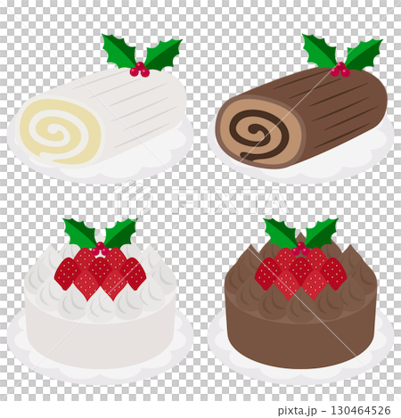 4種のクリスマスケーキ 2色のショートケーキとブッシュドノエルのセット 130464526