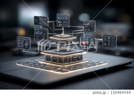 静かに連携しながら業務を進めるAIエージェント群の未来的デスクシーン 静かに連携しながら業務を進めるAIエージェント群の未来的デスクシーン 130464544