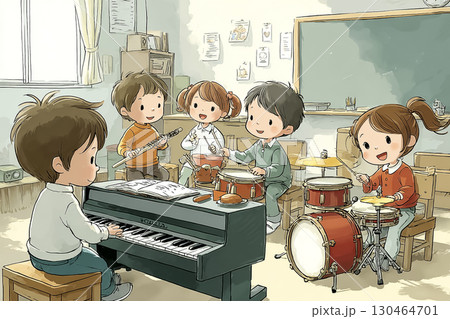 子どもたちが楽器を演奏しているシーン（ピアノ、太鼓、リコーダーなど） 130464701