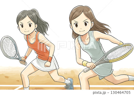 女性2人がラリーを続けるテニスシーン 130464705