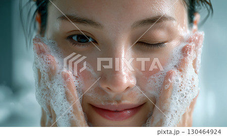 洗顔中の女性アップ|泡フェイスケアで清潔感あふれる室内ショット 洗顔中の女性アップ|泡フェイスケアで清潔感あふれる室内ショット 130464924