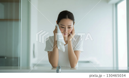 洗顔後の清潔感あふれる若い女性のアップ写真 130465034