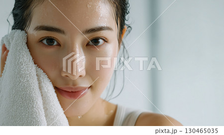 洗顔後の清潔感あふれる若い女性のアップ写真 130465035