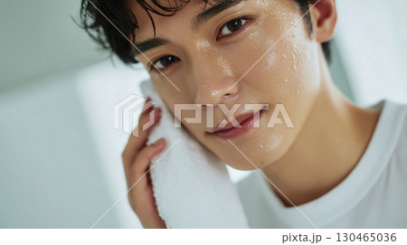 洗顔後の清潔感あふれる若い女性のアップ写真 130465036