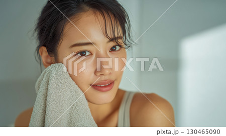 洗顔後の清潔感あふれる若い女性のアップ写真 130465090