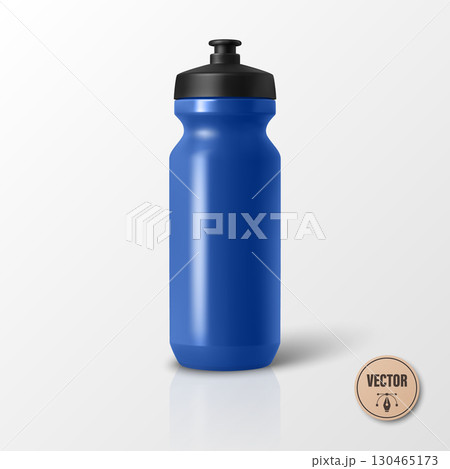 Vector 3d Realistic Blue Blank Sport Water Bottle. Plastic Cycling Bottle, Gym, Fitness Bottle for Sports, Outdoor, Travel, Training, Exercise, Workout. Sport Bottle Isolated, Front View 130465173