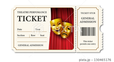 Vector Theater Ticket Template with Comedy and Tragedy Masks. Vintage Admit One Ticket. General Admission Ticket for Theater Performance, Concert, Opera, Festival, Stage Show Vector Theater Ticket Template with Comedy and Tragedy Masks. Vintage Admit One Ticket. General Admission Ticket for Theater Performance, Concert, Opera, Festival, Stage Show 130465176