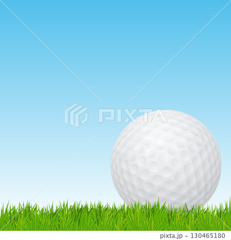 Vector 3d Realistic Golf Ball on Green Grass with Blue Sky Background. Design Template for Golf Tournament, Sports Poster. Outdoor Summer Event, Golf Club Promotion, Competition Banner 130465180