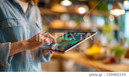 カフェでタブレットを操作するビジネスパーソン、市場グラフを確認する集中シーン（室内カフェ・暖色照明・ 130465243